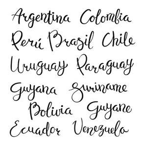 Set of hand written calligraphic lettering quotes with South American countries names. Isolated objects on white . Vector illustration. Design concept for banner, greeting card.