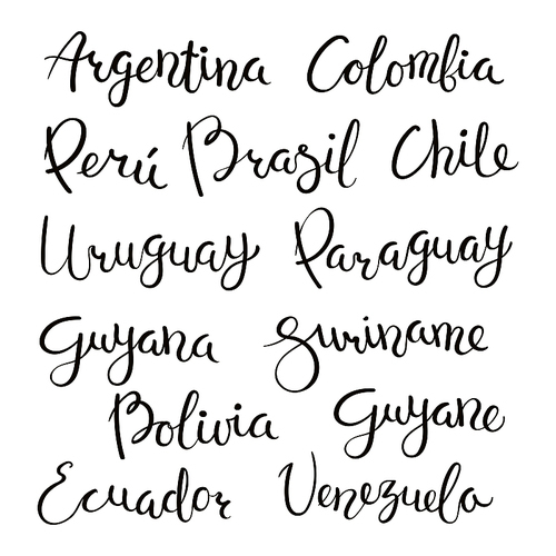 Set of hand written calligraphic lettering quotes with South American countries names. Isolated objects on white . Vector illustration. Design concept for banner, greeting card.