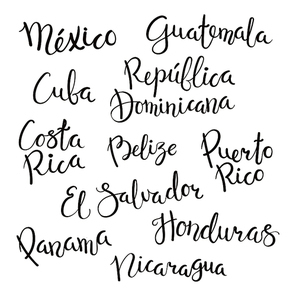 Set of hand written calligraphic lettering quotes with Central American countries names. Isolated objects on white . Vector illustration. Design concept for banner, greeting card.