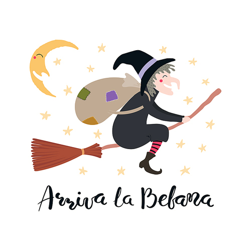 Hand written Italian lettering quote Arriva la befana, Befana arrives, with flying witch. Isolated objects on white. Hand drawn vector illustration. Design concept, element for Epiphany card, banner.