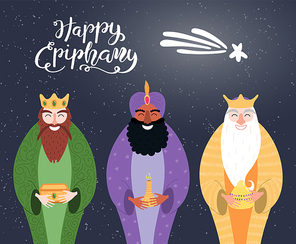 Hand drawn vector illustration of three kings of orient with gifts, star, lettering quote Happy Epiphany. Isolated objects on dark background. Flat style design. Concept, element for card, banner.