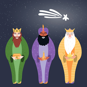 Hand drawn vector illustration of three kings of orient with gifts, star. Isolated objects on dark background. Flat style design. Concept, element for Epiphany card, banner.