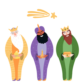 Hand drawn vector illustration of three kings of orient with gifts, star. Isolated objects on white . Flat style design. Concept, element for Epiphany card, banner.