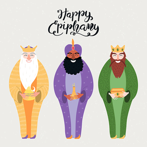 Hand drawn vector illustration of three kings of orient with gifts, lettering quote Happy Epiphany. Isolated objects on gray background. Flat style design. Concept, element for card, banner.