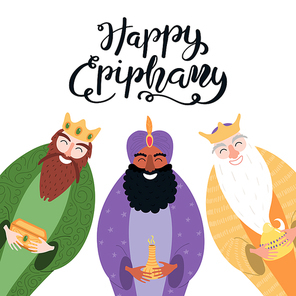 Hand drawn vector illustration of three kings of orient with gifts, star, lettering quote Happy Epiphany. Isolated objects on white . Flat style design. Concept, element for card, banner.