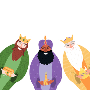 Hand drawn vector illustration of three kings of orient with gifts. Isolated objects on white . Flat style design. Concept, element for Epiphany card, banner.