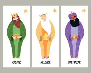 Set of hand drawn cards with three kings of orient with gifts. Vector illustration. Flat style design. Concept, element for Epiphany card, banner.