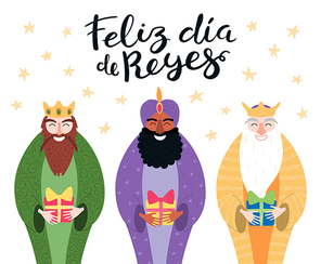 Hand drawn vector illustration of three kings with gifts, Spanish quote Feliz Dia de Reyes, Happy Kings Day. Isolated objects on white. Flat style design. Concept, element for Epiphany card, banner.