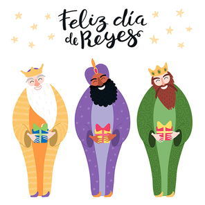 Hand drawn vector illustration of three kings with gifts, Spanish quote Feliz Dia de Reyes, Happy Kings Day. Isolated objects on white. Flat style design. Concept, element for Epiphany card, banner.