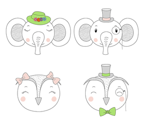 Hand drawn vector portraits of a funny elephants and owls girls and boys in hats. Isolated objects on white . Vector illustration. Design concept for children.