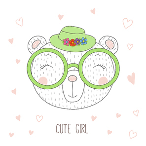 Hand drawn vector portrait of a funny bear girl in a hat with flowers and glasses, with hearts and text Cute girl. Isolated objects on white . Design concept for children.