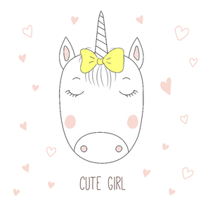 Hand drawn vector portrait of a funny unicorn girl with a bow, with hearts and text Cute girl. Isolated objects on white . Design concept for children.