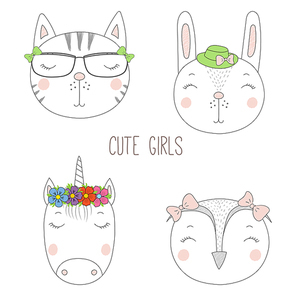 Set of hand drawn cute funny portraits of cat, bunny, unicorn, owl girls with flowers and hats. Isolated objects on white . Vector illustration Design concept for kids.