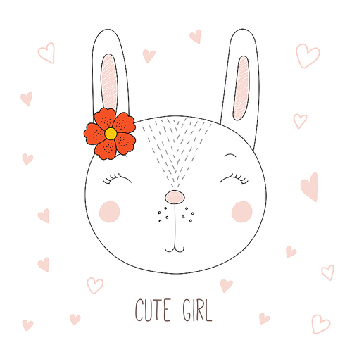 유토이미지 | Hand drawn vector portrait of a funny bunny girl with a flower, with hearts and text Cute girl. Isolated objects... 