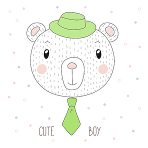 Hand drawn vector portrait of a funny bear boy in a hat and neck tie, with text Cute boy. Isolated objects on white . Design concept for children.