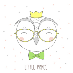 Hand drawn vector portrait of a funny owl boy in a crown, glasses and bow tie, with text Little prince. Isolated objects on white . Design concept for children.