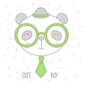 Hand drawn vector portrait of a funny cat boy in a bowler hat, neck tie and glasses, with text Cute boy. Isolated objects on white . Design concept for children.