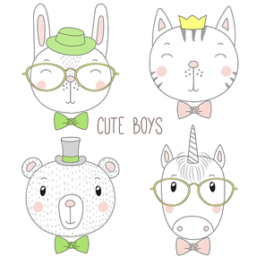 Set of hand drawn cute funny portraits of cat, bear, bunny, unicorn boys with ties, glasses and hats. Isolated objects on white . Vector illustration Design concept for kids.