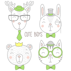 Set of hand drawn cute funny portraits of cat, bear, bunny, reindeer boys with ties, glasses and hats. Isolated objects on white . Vector illustration Design concept for kids.