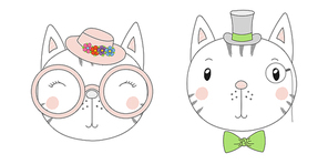 Hand drawn vector portraits of a funny cats girl and boy in hats and glasses. Isolated objects on white . Vector illustration. Design concept for children.