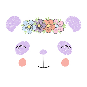 Hand drawn vector illustration of a funny panda girl face in a flower chain. Isolated objects on white . Design concept for children.