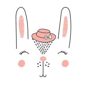 Hand drawn vector illustration of a funny bunny girl face in a hat. Isolated objects on white . Design concept for children.