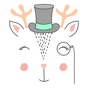 Hand drawn vector illustration of a cute funny deer face in a top hat and monocle. Isolated objects on white . Design concept for children.