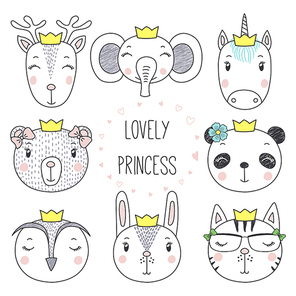 Set of hand drawn cute funny portraits of cat, bear, panda, bunny, reindeer, unicorn, owl, elephant girls in crowns. Isolated objects on white . Vector illustration. Design concept for kids.