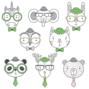 Set of hand drawn cute funny portraits of cat, bear, panda, bunny, deer, unicorn, owl, elephant boys in ties and hats. Isolated objects on white . Vector illustration. Design concept kids.