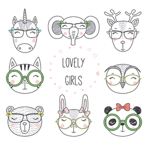 Set of hand drawn cute funny portraits of cat, bear, panda, bunny, reindeer, unicorn, owl, elephant girls in glasses. Isolated objects on white . Vector illustration. Design concept for kids