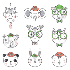 Set of hand drawn cute funny portraits of cat, bear, panda, bunny, reindeer, unicorn, owl, elephant in hats, glasses. Isolated objects on white . Vector illustration. Design concept for kids