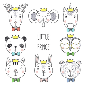 Set of hand drawn cute funny portraits of cat, bear, panda, bunny, reindeer, unicorn, owl, elephant boys in crowns. Isolated objects on white . Vector illustration. Design concept for kids.