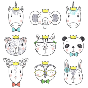 Set of hand drawn cute funny portraits of cat, bear, panda, bunny, reindeer, unicorn, owl, elephant in crowns. Isolated objects on white . Vector illustration. Design concept for kids.