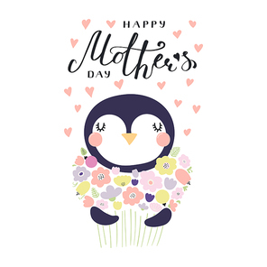 Hand drawn vector illustration of a cute penguin with a bunch of flowers and lettering quote Happy Mothers Day. Isolated objects on white . Design concept for banner, greeting card.