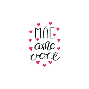 Hand written lettering quote Love you Mom in Portuguese, Mae amo voce, with hearts. Isolated objects on white . Vector illustration. Design concept for Mothers Day banner, greeting card.