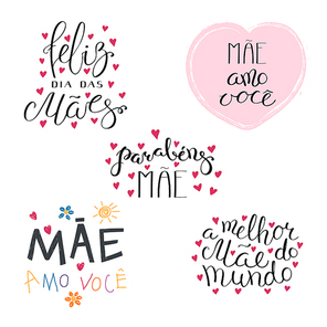 Set of hand written Mothers Day lettering quotes in Portuguese, with hearts. Isolated objects on white . Vector illustration. Design concept for banner, greeting card.