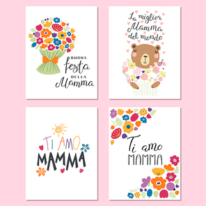 Set of Mothers Day cards templates with hand written lettering quotes in Italian, cute bear with flowers, hearts, childish drawings. Vector illustration. Design concept banner, postcard, gift tag.