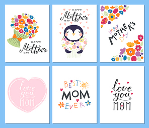 Set of Mothers Day cards templates with hand written lettering quotes, cute penguin with a bunch of flowers, hearts, childish drawings. Vector illustration. Design concept banner, postcard, gift tag.