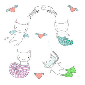 Hand drawn vector illustration of a cute angel cat, cats under water, with fish tail, in a sea shell and in swim fins and scuba mask. Isolated objects on white . Design concept for kids.