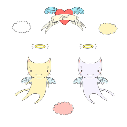 Hand drawn vector illustration of two cute angel cats with halo, flying in the sky, with winged heart and text Angel on a ribbon. Isolated objects on white . Design concept for children.