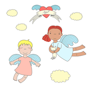 Hand drawn vector illustration of two cute little angel girls, one holding  kitten, flying, winged heart and text Angel on a ribbon. Isolated objects on white . Design concept for children.