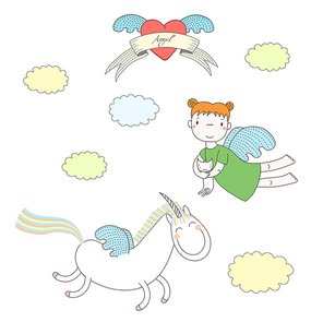 Hand drawn vector illustration of a cute angel girl, holding cat, and unicorn with wings, flying, with heart and text Angel on a ribbon. Isolated objects on white . Design concept for kids.