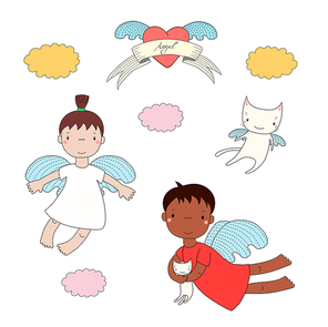 Hand drawn vector illustration of two cute little angel girls, one holding kitten, and angel cat, heart and text Angel on a ribbon. Isolated objects on white . Design concept for children.