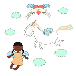 Hand drawn vector illustration of a cute dark skinned angel girl and unicorn with wings, flying, with winged heart and text on a ribbon. Isolated objects on white . Design concept for kids.