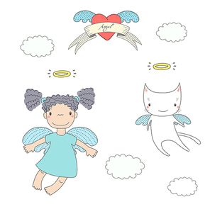 Hand drawn vector illustration of a cute little angel girl with pig tails and angel cat, flying, with heart and text Angel on a ribbon. Isolated objects on white . Design concept for kids.