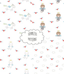 Set of four hand drawn cute seamless vector patterns with angel girl, winged cat, unicorn, hearts, clouds, on a white background. Design concept for children textile , wallpaper, wrapping paper