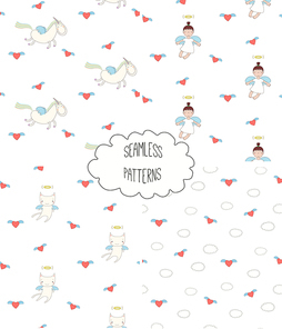 Set of four hand drawn cute seamless vector patterns with angel girl, winged cat, unicorn, hearts, clouds, on a white background. Design concept for children textile print, wallpaper, wrapping paper