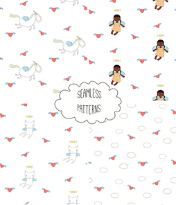 Set of four hand drawn cute seamless vector patterns with angel girl, winged cat, unicorn, hearts, clouds, on a white background. Design concept for children textile print, wallpaper, wrapping paper