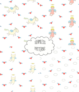 Set of four hand drawn cute seamless vector patterns with angel girl, winged cat, unicorn, hearts, clouds, on a white background. Design concept for children textile print, wallpaper, wrapping paper