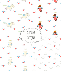 Set of hand drawn cute seamless vector patterns with little angel girl, winged cat, unicorn, hearts, clouds, on a white background. Design concept for children textile , wallpaper, wrapping paper